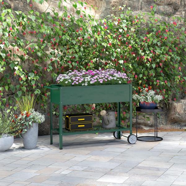 Horta Vertical Elevada de Metal Horta Vertical com Rodas Alça Lateral e Prateleira Inferior para Cultivo 109x44x80 cm Verde