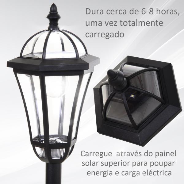 2 Candeeiros Solares de Jardim com 2 Luzes LED Branca Impermeável IP44 Ligação Automática Conjunto de 2 Candeeiros de Exterior para Caminho Terraço Pátio 18,5x18,5x129 cm Preto