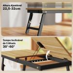 Mesa Reclinável para Cama e Sofá, Bandeja Dobrável com Gaveta Lateral para Portátil e Livros, 5 Alturas, Carvalho