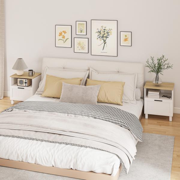Conjunto de 2 Mesas de Cabeceira Modernas com Gaveta Compartimento Aberto Pés de Madeira 45x38x50 cm Branco