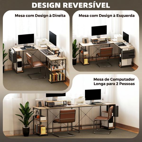 Secretária de Canto Reversível em L 168 - 240 cm Industrial com Suporte para Monitor e CPU, Prateleiras e Bolsa Lateral, Natural