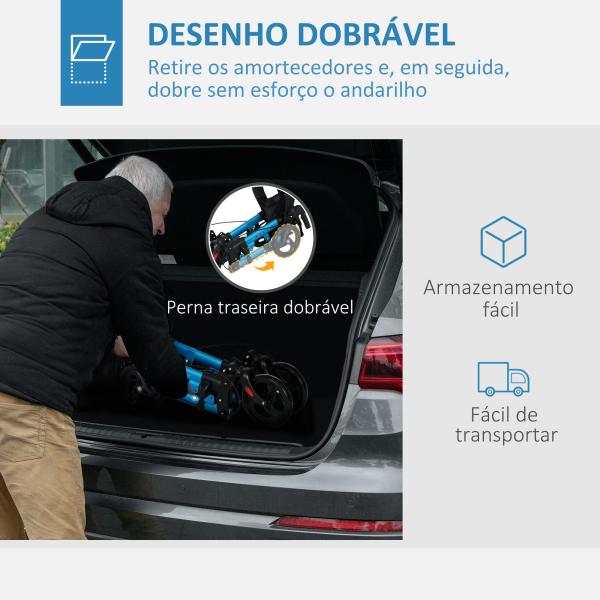 Andarilho Idosos Dobrável de Alumínio com Altura Ajustável Travão e Bolsa de Transporte 66x65x80 - 93 cm Preto e Azul