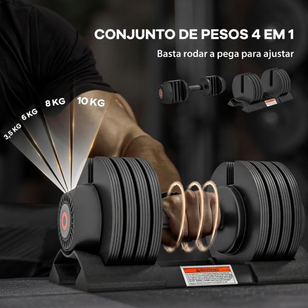 Halteres Ajustáveis 4 em 1 2x10 kg com Ajuste Rápido do Peso, Base de Armazenamento e Pega Antiderrapante para Treino em Casa