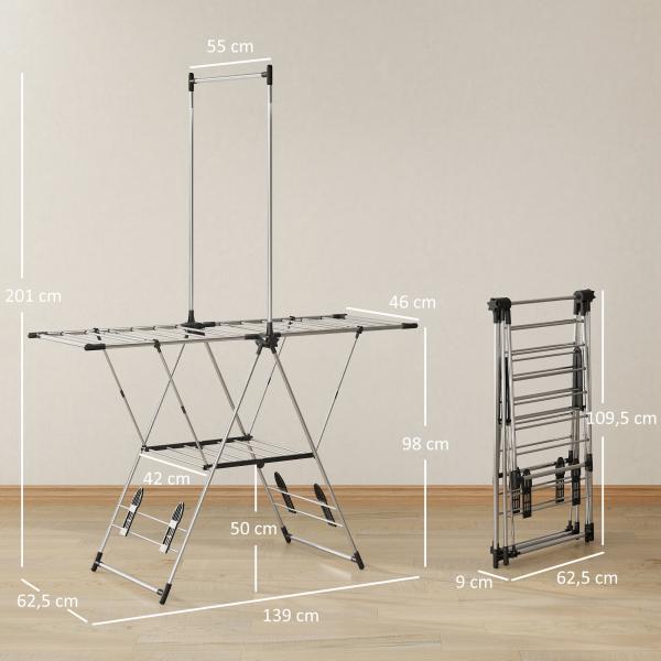 Estendal Vertical Dobrável com Laterais Ajustáveis em 5 Níveis 4 Suportes para Calçado 139x62,5x201 cm Prata
