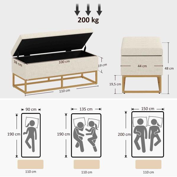 Banco de Armazenamento Retangular Estofado em Linho com Pés de Aço para Sala de Estar Dormitório 110x44x48 cm Bege
