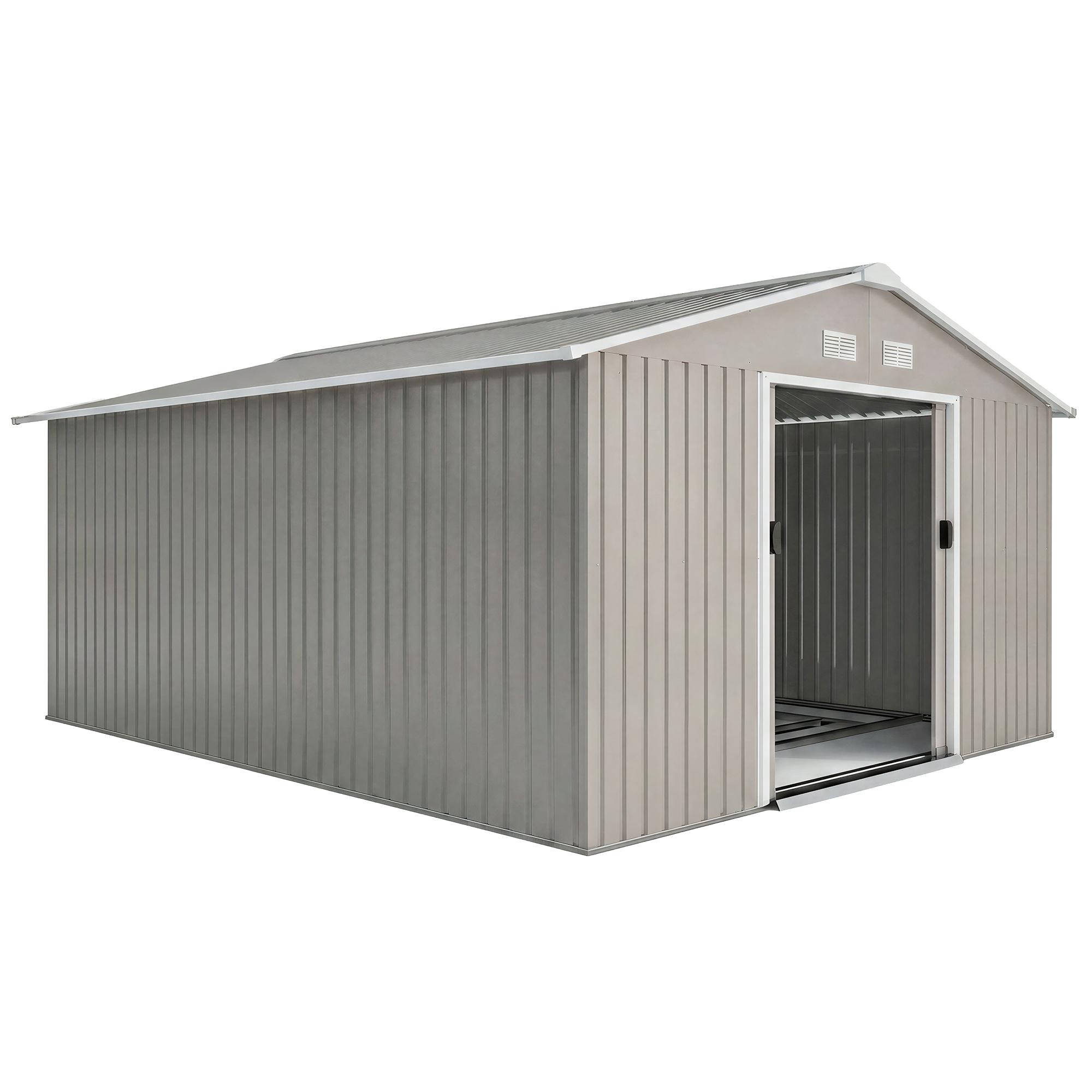 Abrigo de Jardim 340x386x200 cm 13,1 m² Abrigo de Exterior de Aço com Portas de Correr e Ventilações Cinza Claro