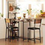 Conjunto de Mesa e Bancos de Bar Mesa Alta de Cozinha com 2 Bancos Laterais Rebatíveis Suporte para Vinhos e Prateleiras Castanho e Preto