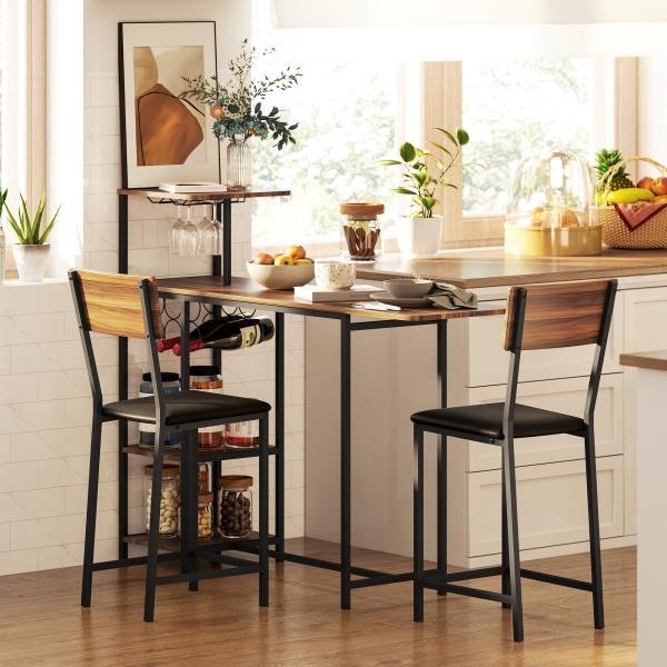 Conjunto de Mesa e Bancos de Bar Mesa Alta de Cozinha com 2 Bancos Laterais Rebatíveis Suporte para Vinhos e Prateleiras Castanho e Preto