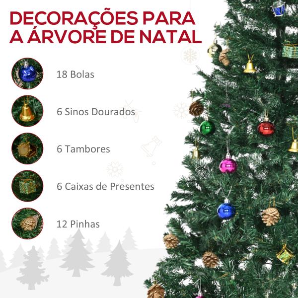 Árvore de Natal Artificial 150cm Ignífugo com 420 Ramos 48 Decorações Folhas de PVC e Suporte Metálico Verde