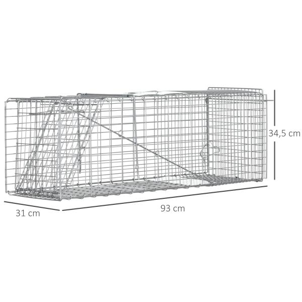 Armadilha para Animais Vivos Dobrável 93x31x34,5 cm Gaiola de Captura com Porta e Alça para Coelhos Roedores Prata