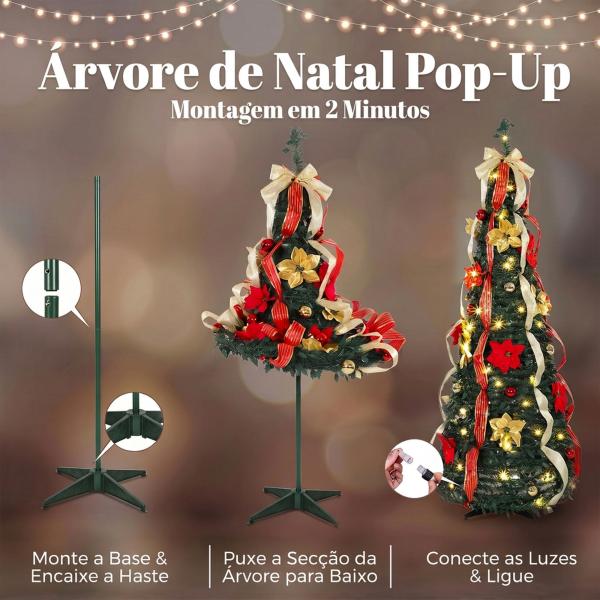 Árvore de Natal Desdobrável 180 cm com 100 Luzes LED, 11 Modos, Comando à Distância e Decoração Incluída, Verde