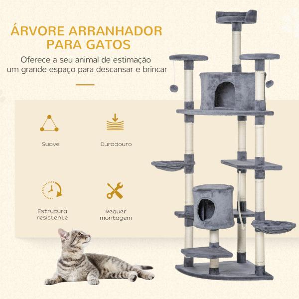 Árvore Arranhador para Gatos Grande 60x60x200cm com 2 Cavernas 2 Redes Cama Múltiplas Plataformas Postes Arranhadores de Sisal Natural e Bolas de Brinquedo Cinza