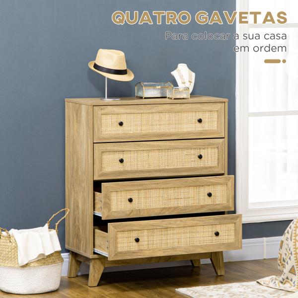 Cómoda com 4 Gavetas Cómoda de Madeira com Gavetas de Vime e Pés Elevados 80x35x95cm Madeira