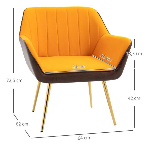 Poltrona de Sala de Estar Estofada em Couro Sintético e Veludo com Apoios para os Braços Pés Dourados 64x62x72,5 cm Amarelo