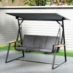 Baloiço de Jardim de 3 Lugares com Teto Ajustável UPF50+ 2 Bandejas Almofadas e Estrutura em Metal 222x131x175 cm Cinza