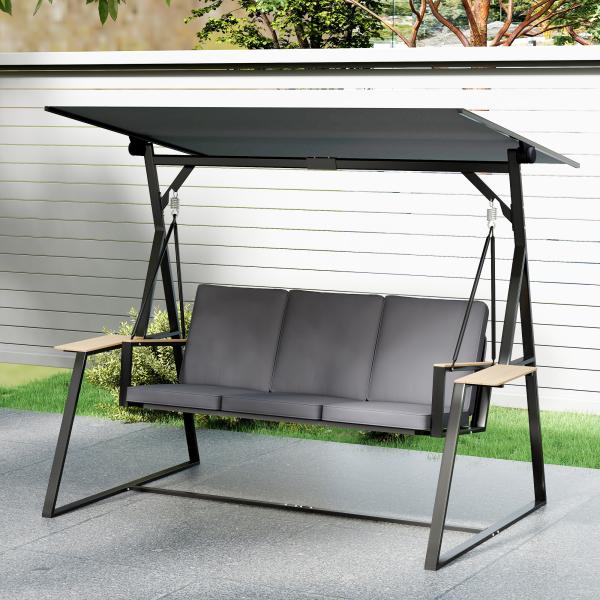 Baloiço de Jardim de 3 Lugares com Teto Ajustável UPF50+ 2 Bandejas Almofadas e Estrutura em Metal 222x131x175 cm Cinza