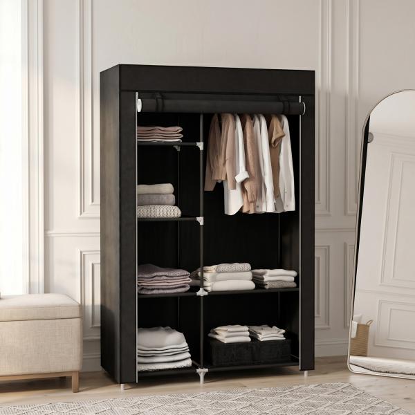 Roupeiro de Tecido Dobrável com 6 Prateleiras e 1 Barra de Pendurar para Dormitório Vestidor 103x43x162,5 cm Preto
