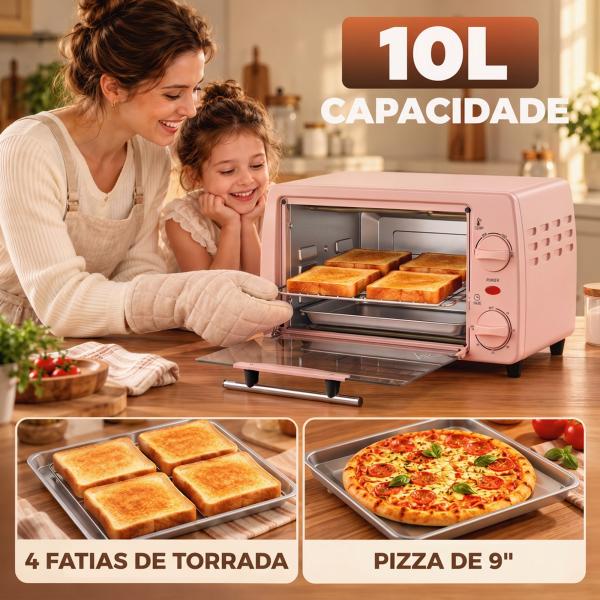 Forno Elétrico de Bancada 10 L 750 W com Temperatura até 230 °C e Temporizador 36,5x26x22 cm Rosa