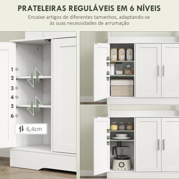 Armário de Cozinha com 2 Portas de Vidro Bancada Ampla para Micro - ondas Compartimentos Abertos Prateleiras Ajustáveis Branco