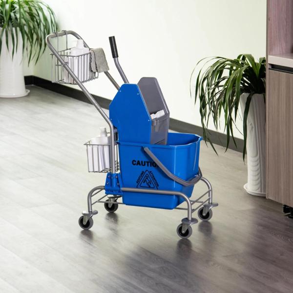 Carro de Limpeza Balde para Esfregona com Escorredor a Pressão Rodas e Cesto de Armazenamento Capacidade 26L 73x45x95 cm Azul