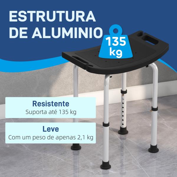 Banco de Duche com Altura Ajustável em 8 Posições com Base de Borracha Antiderrapante 50x36x39,5 - 56,5 cm Preto