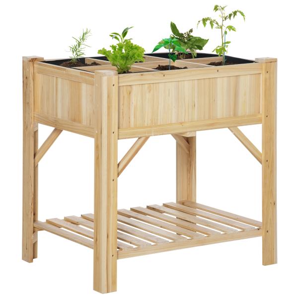Horta Urbana de Madeira Mesa de Cultivo com 6 Compartimentos e Prateleira Inferior para Plantas e Flores em Jardim Terraço Exterior Capacidade 80 kg 78,5x58x81 cm Cor Natural