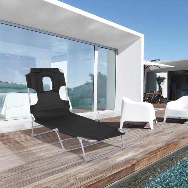 Espreguiçadeira de Jardim Reclinável e Dobrável com Orifício de Leitura Apoio para Cabeça e Encosto Ajustável em 4 Níveis para Praia 182x56x24,5 cm Preto