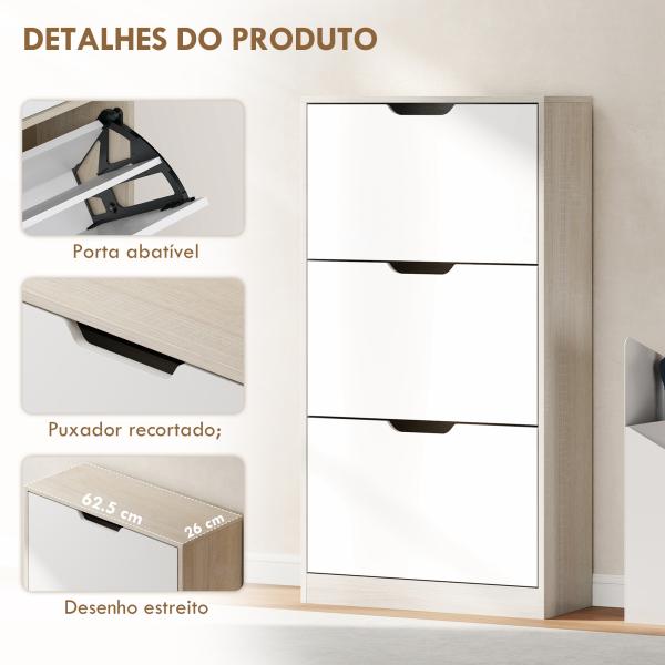 Sapateira de Madeira com 3 Compartimentos Abatíveis com Capacidade para 12 Pares 62,5x26x117,5 cm Branco e Madeira