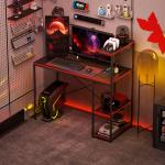 Secretária Gaming com Luzes LED 100x50 cm Secretária Gaming de Fibra de Carbono com Tomadas de Corrente e Controlo Remoto Preto