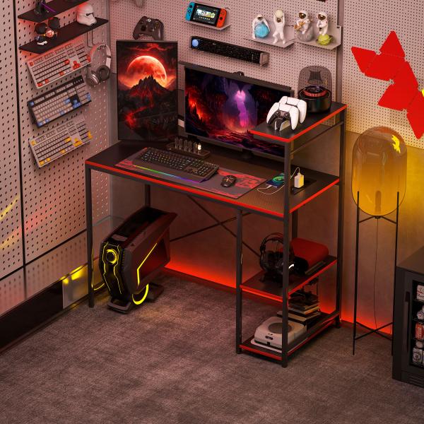 Secretária Gaming com Luzes LED 100x50 cm Secretária Gaming de Fibra de Carbono com Tomadas de Corrente e Controlo Remoto Preto