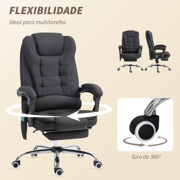 Cadeira de Escritório com 6 Pontos de Massagem Giratória com Encosto Reclinável 135º Função de Aquecimento 65x70x111 - 119 cm Preto