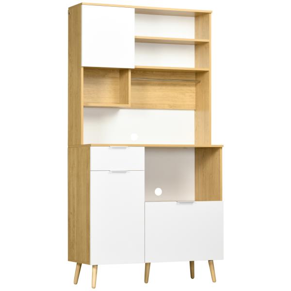 Armário de Cozinha com 3 Portas Gaveta Prateleira Ajustável Bancada para Micro - Ondas e Suporte para Panos 93x40x180 cm Madeira e Branco