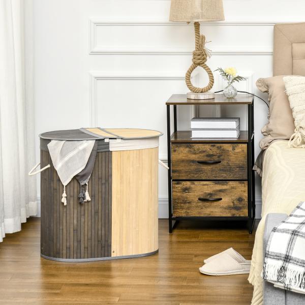 Cesto de Roupa de Bambu Capacidade de 100L com Tampa Rebatível e 2 Compartimentos 62,5x37x60,5cm Cinza e Madeira