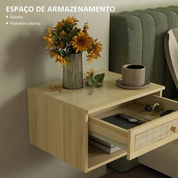 Conjunto de 2 Mesas de Cabeceiras Suspensas com Compartimento Aberto e Gaveta com Frente em Vime 40x34x23 cm Madeira