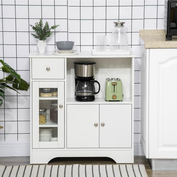 Aparador Moderno com Porta de Vidro Gaveta Prateleira Aberta e Prateleiras Ajustáveis Móvel Auxiliar 80x30x82cm Branco