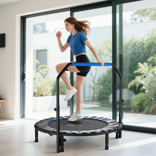 Trampolim Fitness Ø122 Trampolim Dobrável com Pega Ajustável em 4 Níveis Estrutura de Aço Azul