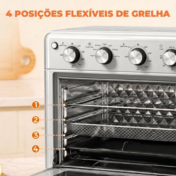 Forno Elétrico de Bancada 30 L 1600 W com Air Fryer, 7 Funções e Temporizador, 43x39x39 cm, Prateado