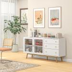 Aparador de Sala de Estar com 2 Portas de Vidro 3 Gavetas e Pés de Madeira de Borracha 160x40x80 cm Branco e Madeira