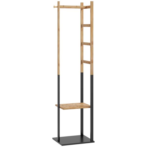 Cabide de Pé de Bambu com 2 Prateleiras 2 Ganchos 5 Barras e Estrutura de Aço 46x28,5x153,5 cm Madeira e Preto