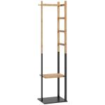 Cabide de Pé de Bambu com 2 Prateleiras 2 Ganchos 5 Barras e Estrutura de Aço 46x28,5x153,5 cm Madeira e Preto