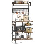 Estante de Cozinha com Três Tomadas e Luzes LED Estilo Industrial com Prateleiras para Micro - ondas 80x42x162 cm Castanho Rústico e Preto