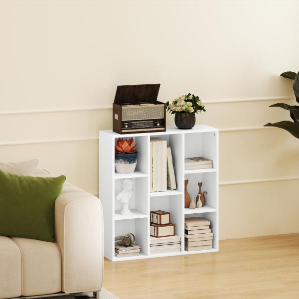 Estante de 3 Níveis Estante para Livros com 8 Compartimentos Desenho Vertical ou Horizontal 74,3x24x80 cm Branco