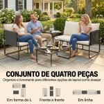 Conjunto de Jardim de 4 Peças Móveis de Exterior com 2 Sofás de 2 Lugares 2 Mesas de Vidro Almofadas Capas Removíveis Preto e Bege