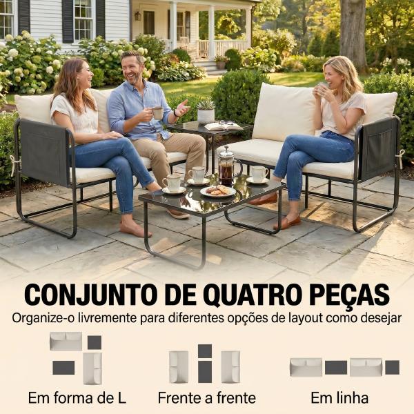 Conjunto de Jardim de 4 Peças Móveis de Exterior com 2 Sofás de 2 Lugares 2 Mesas de Vidro Almofadas Capas Removíveis Preto e Bege