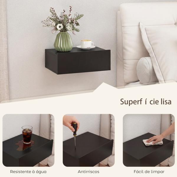 Conjunto de 2 Mesas de Cabeceira Flutuantes com 1 Gaveta para Quarto 40x30x15 cm Preto