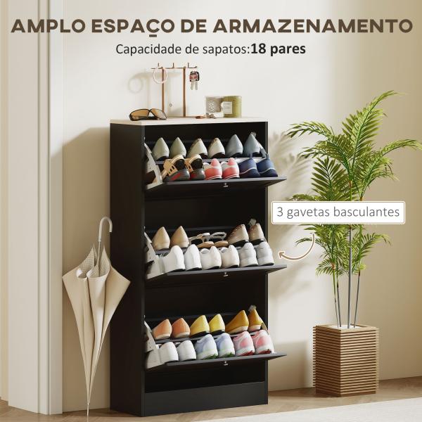 Móvel Sapateira de Entrada com 3 Gavetas Basculantes e Prateleiras Ajustáveis para 18 Pares de Sapatos 60x23,5x115 cm Preto