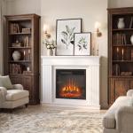 Lareira Elétrica Decorativa 1800W com Prateleira, Efeito de Chama, 5 Níveis de Brilho, Termóstato, Temporizador e Comando, para TV até 38", Branco