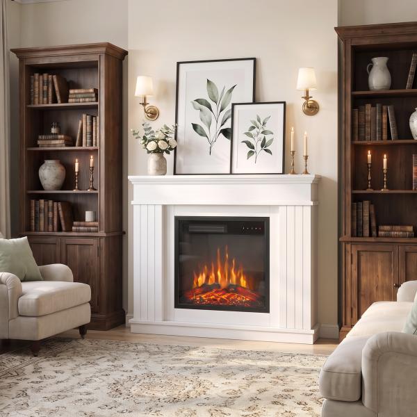 Lareira Elétrica Decorativa 1800W com Prateleira, Efeito de Chama, 5 Níveis de Brilho, Termóstato, Temporizador e Comando, para TV até 38", Branco