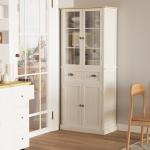 Armário de Cozinha com 2 Portas de Vidro 1 Gaveta e Prateleira Ajustável Móvel Auxiliar de Cozinha 76x40x182,5cm Creme
