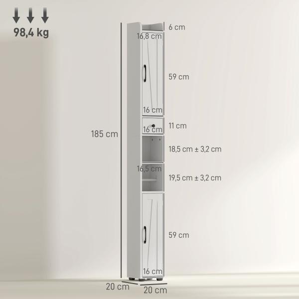 Coluna Casa de Banho com Compartimento Aberto Prateleiras Ajustáveis e Suporte para Papel Higiênico 20x20x185 cm Branco